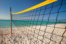 A Beach Volleyball Net Beside The Ocean On Playa La Jaula Beach, Cayo Coco, Cuba.