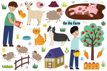 Wall Mural - Cute farm set with animals and kids farmers. Countryside life elements collection in cartoon style. Pig in the mud, boy picking apples, goat, sheepdog and other elements. Vector illustration