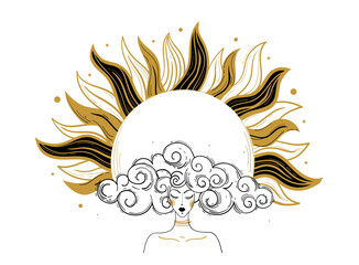 Wall Mural - Mystical banner for astrology, zodiac and horoscope, woman with golden sun and cloudy hair, heavenly tarot icon. Magic boho vector illustration.