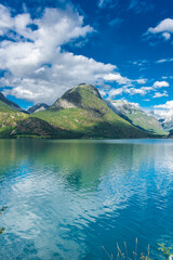 beautiful and colorful lake in oppstryn, norway