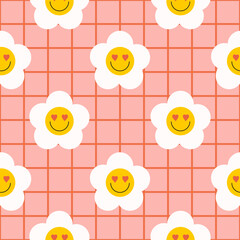 Wall Mural - retro groovy seamless pattern with smiling flowers on a checkered background. cute colorful trendy v