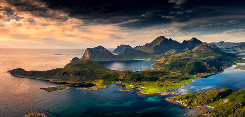 Amazing panorama of the Lofoten Islands sunset from Offersoykammen mount trail,  Norway