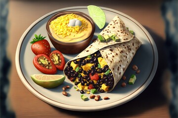 a plate with a burrito, a bowl of salsa, and a lime slice on it with a lime wedge on the side of the