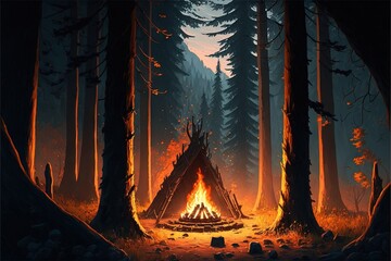 a campfire in a forest with a teepee tent in the foreground and a forest of trees in the background 