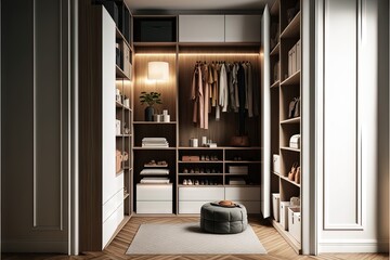  a walk in closet with a stool and a rug on the floor and a lamp on the wall above it and a rug on the floor.  generative ai