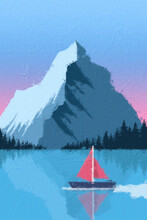 Creative Concept Travel Illustration Lonely Sail Away Boat In European Mountain Background.