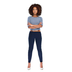 Wall Mural - a beautiful young african woman standing with her hands crossed isolated on a png background.