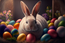 Easter Bunny Rabbit Surrounded By Colorful Eggs. Generative AI