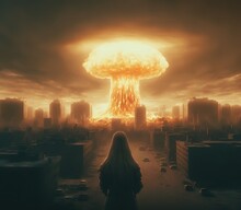 Nuclear Explosion In City. Young Woman Stands Opposite Nuclear Mushroom In Cityscape. Apocalypse Concept Illustration. Generative AI