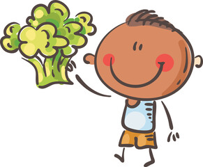 Wall Mural - Cartoon boy and vegetable - broccoli. Healthy food and kid clipart. Isolated on white background.