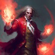 fantasy image fearful male character in colonial coat balding long hair on the sides fearful look arms outstretched magical crimson rings surrounding him holding him in play painting 