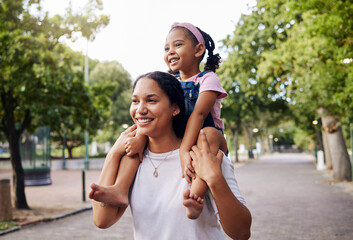 Sticker - Back, mother with girl and on neck, happiness, summer break and walking in park for bonding, weekend or quality time for fun. Mom, mama carry female child or playful together, smile or loving outdoor