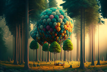 Wall Mural - Dreamy balloon forest fantasy. Generative AI.