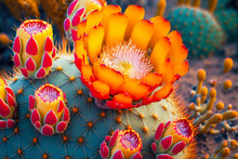 Bright Blooming Beaful Cactus In Mexican Desert