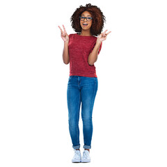 Wall Mural - full-length studio portrait of a happy young african woman showing the peace sign isolated on a png 