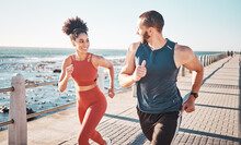 Running, Exercise And Training With A Sports Couple Outdoor In Summer For A Cardio Or Endurance Workout. Health, Fitness And Ocean With A Man And Woman Runner On A Promenade For A Challenge Together