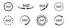360 Degree Icon Set. Symbol With Arrow To Indicate The Rotation, Virtual Reality Or Panoramas To 360 Degrees