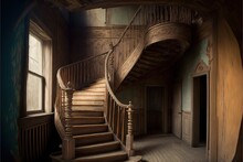 Twisted Staircase In Old Rustic Abandoned House Generative AI