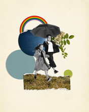 Contemporary Art Collage. Little Stylish Boy And Girl, Child Carrying Umbrella. Summertime Holidays. Retro Style Design. Concept Of Travelling, Vacation, Discovering, Creativity, Childhood.