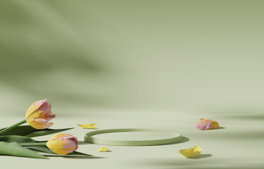 3d display podium green background with yellow tulip flower and petal. nature blossom minimal pedest