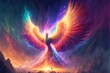 Powerful Epic Legendary Phoenix Spreading Glowing Wing in Universe. Spiritual Animal Awakening Concept.Magical Fantasy Epic Wallpaper. Generative AI.