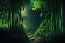 Bamboo Forest Landscape, Tall Trees And Footpath. Dense Bamboo Forest. Generative AI