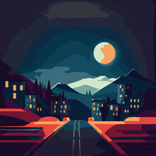 Beautiful Scenery Painting, Road, Moon, Night, City, Tranquility, Painting. Stylish Wallpaper, Art, Clouds, Sky, Mobile Home, Art, Colorful, Colors, Cozy Atmosphere. Vector Illustration