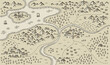 Medieval fantasy map. Mountain river and village buildings. Middle Ages map for board game. Hand drawn vector.
