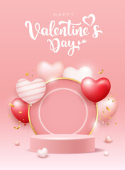 Wall Mural - Happy Valentine's Day, red and pink balloons heart on podium, Poster pink background, EPS10 Vector illustration.
