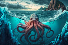 Octopus Sea With Thick Tentacles Floats In Sea Against Background Of Rocky Shores