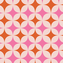 Mid Century Modern Starbursts Seamless Pattern In Pink And Orange Over Beige Background. For Home Decor, Textile And Fabric.  