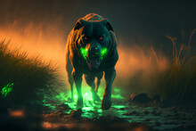 Scary Black Dog With  Luminous Muzzle Runs At Night