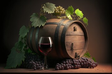  a barrel of wine with a glass of wine next to it and grapes on the vine on the table next to it, with a dark background of leaves and a dark background with a.  generative ai