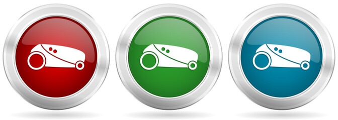 Poster - Robot, automatic grass mower vector icon set. Red, blue and green silver metallic web buttons with chrome border