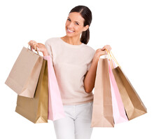 Portrait Of An Attractive Young Woman Posing And Holding Up Shopping Bags Isolated On A PNG Background.