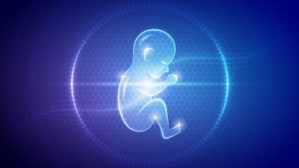 Human Fetus Infant Embryo Reproductive System Futuristic Medical Hologram Neon Glow Translucent Backdrop Background Illustration