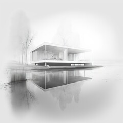 Wall Mural - black and white drawing of a modern minimalist house in idyllic setting, generative AI