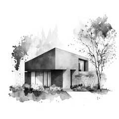 Wall Mural - black and white drawing of a modern minimalist house in idyllic setting, generative AI