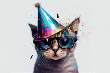 cat in party hat and sunglasses. Generative Ai