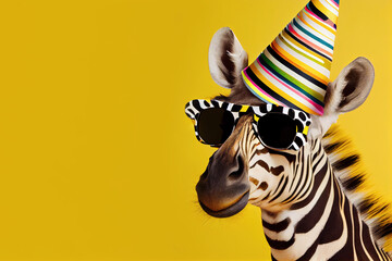 zebra in party hat and sunglasses over yellow background. Generative Ai