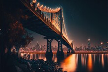  A Bridge That Is Over A Body Of Water At Night With Lights On It And A City In The Background At Night Time, With A Full Moon.  Generative Ai