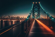  A Long Bridge With Lights On It Over A River At Night With A City In The Background At Night Time, With A Long Exposure Of The Bridge Is Lit Up.  Generative Ai