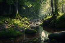  A Painting Of A Stream In A Forest With Rocks And Grass On The Ground And Trees On The Other Side Of The Stream, With A Sun Shining Through The Trees.  Generative Ai