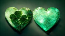 Two Beautiful Green Hearts On Bright Background For An Irish Valentines Card Or A St Patricks Day Card, Generative Ai