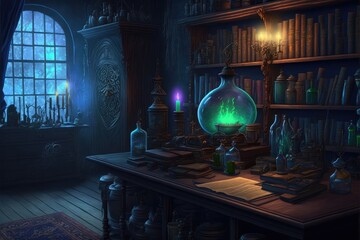 wizards alchemy lab. fantasy magical scene. generative ai.