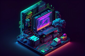 isometric computer graphic. modern computer desktop. digital project of isometric pc. futuristic mod
