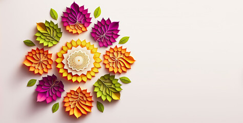 Diwali, festival of lights holiday design with Indian Rangoli, mandala. Purple, yellow colors.