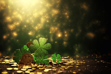 Clover Shamrocks, Golden Coins And Bokeh. Festive Image For St. Patrick's Day. Generative AI.	
