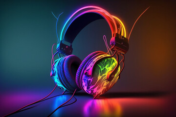 Headphone and vivid colors. Creative music and festival concept. Generative Ai.	
