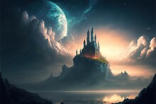 Fantasy Sky Castle Digital Art Illustration. Generative AI.